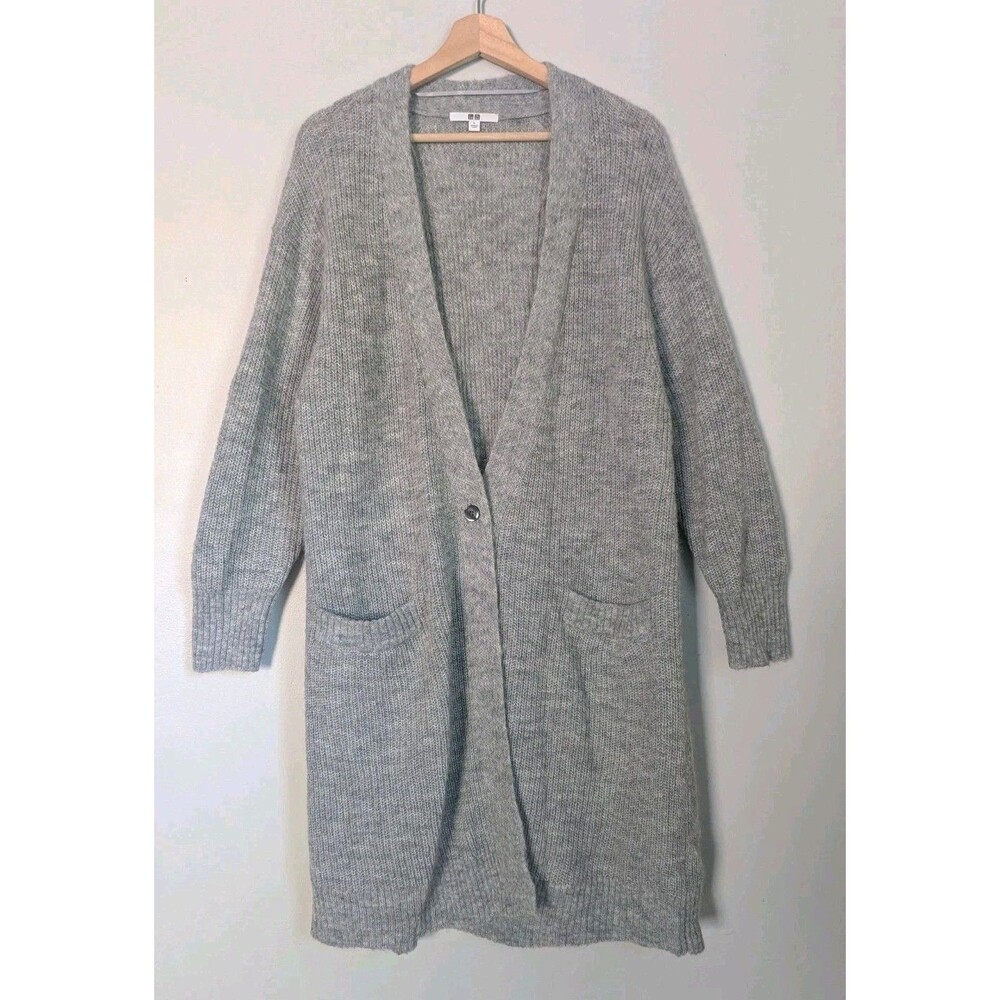 UNIQLO Wool Blend Long Duster Cardigan Sweater Coat Gray Fuzzy Mohair Women's L